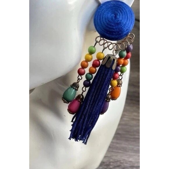 Vintage Earrings Large Long Blue Multi Color Boho Circle Clip On Fringe 80s 90 - Picture 7 of 10